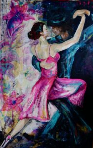 Tango Argentino, Tanzpaar, Grundfarben Pink und blau