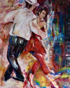 Tango Argentino Paar beim tanzen von Figuren, Sie rot bekleidet er Hut und weißes Hemd, Bunter abstrakter Hintergrund