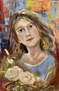 Sehr weiches und liebliches Porträt eines Kindes, durchdringender Blick, weiße Rosen im Vordergrund