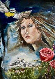 Ölgemälde Portrait einer jungen Frau, Dolomiten und Rosen im Vordergrund, Eine Meise in der linken oberen Ecke, Verschiedene Elemente ergeben Persönlichkeit