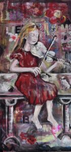 Mädchen im roten Kleid spielt auf weißer Geige, 2 Spatzen sitzen mit auf der Bank und hören zu